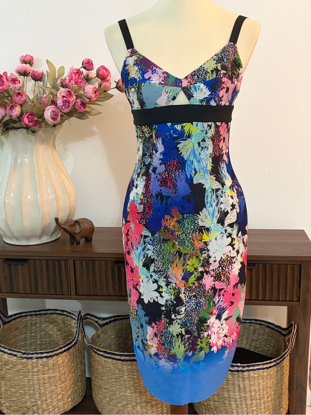 Milly Floral-Print Bodycon Midi Dress in Black and Blue